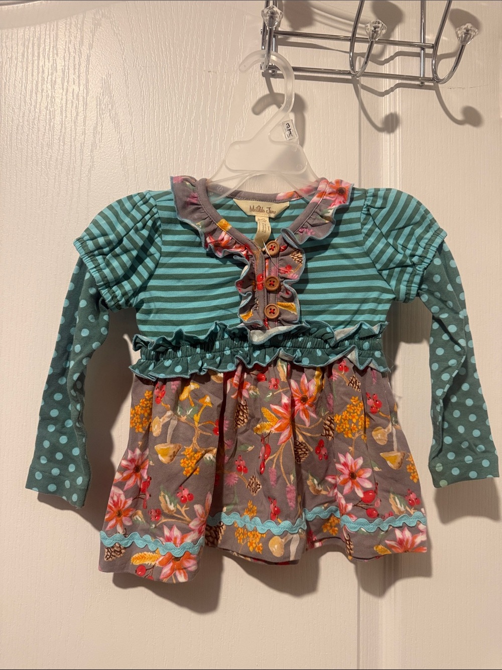 Matilda Jane Teal and Gray Floral Stripe Long-Sleeve Tunic